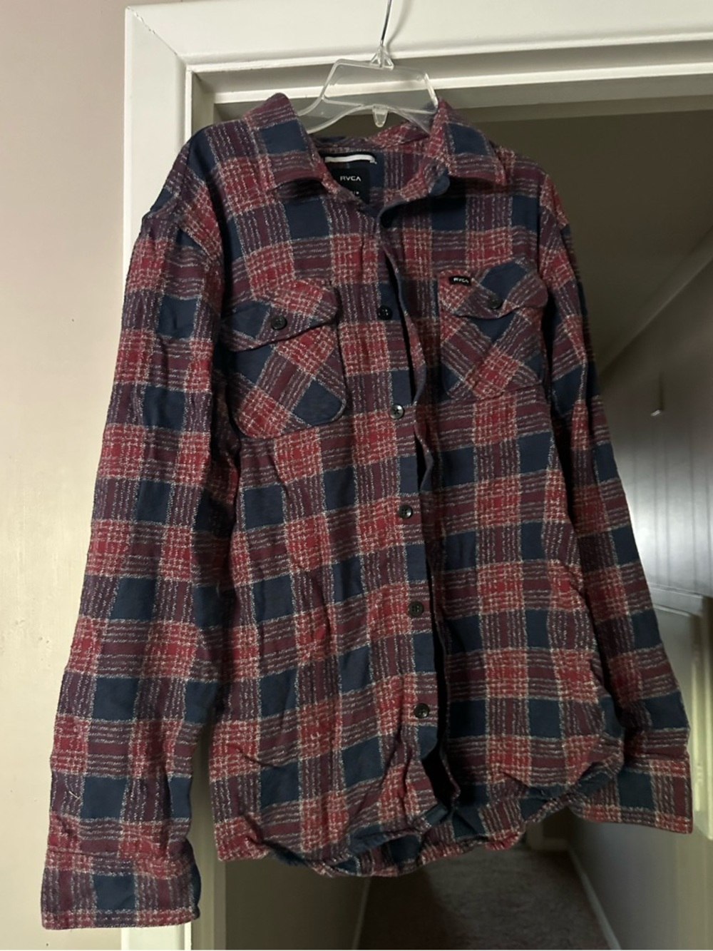 RVCA Men's Red and Navy Plaid Button-Down Shirt